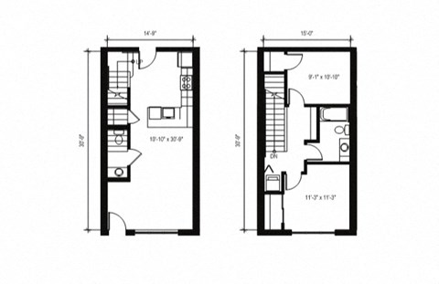 Floor plan for 2 beds, 1.5 baths, 969 sqft